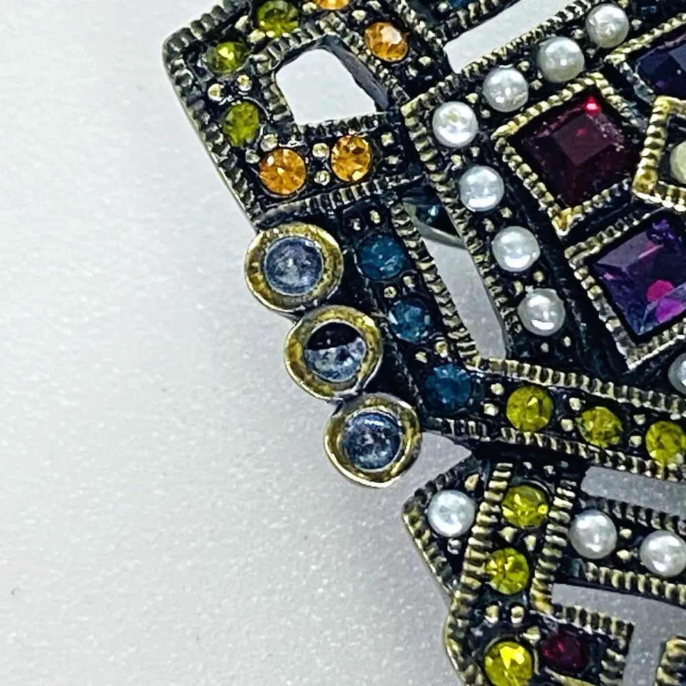 Heidi Daus Art Deco Style Colorful Rhinestone Faux Pearl Brooch Pendant Pin - Picture 6 of 12